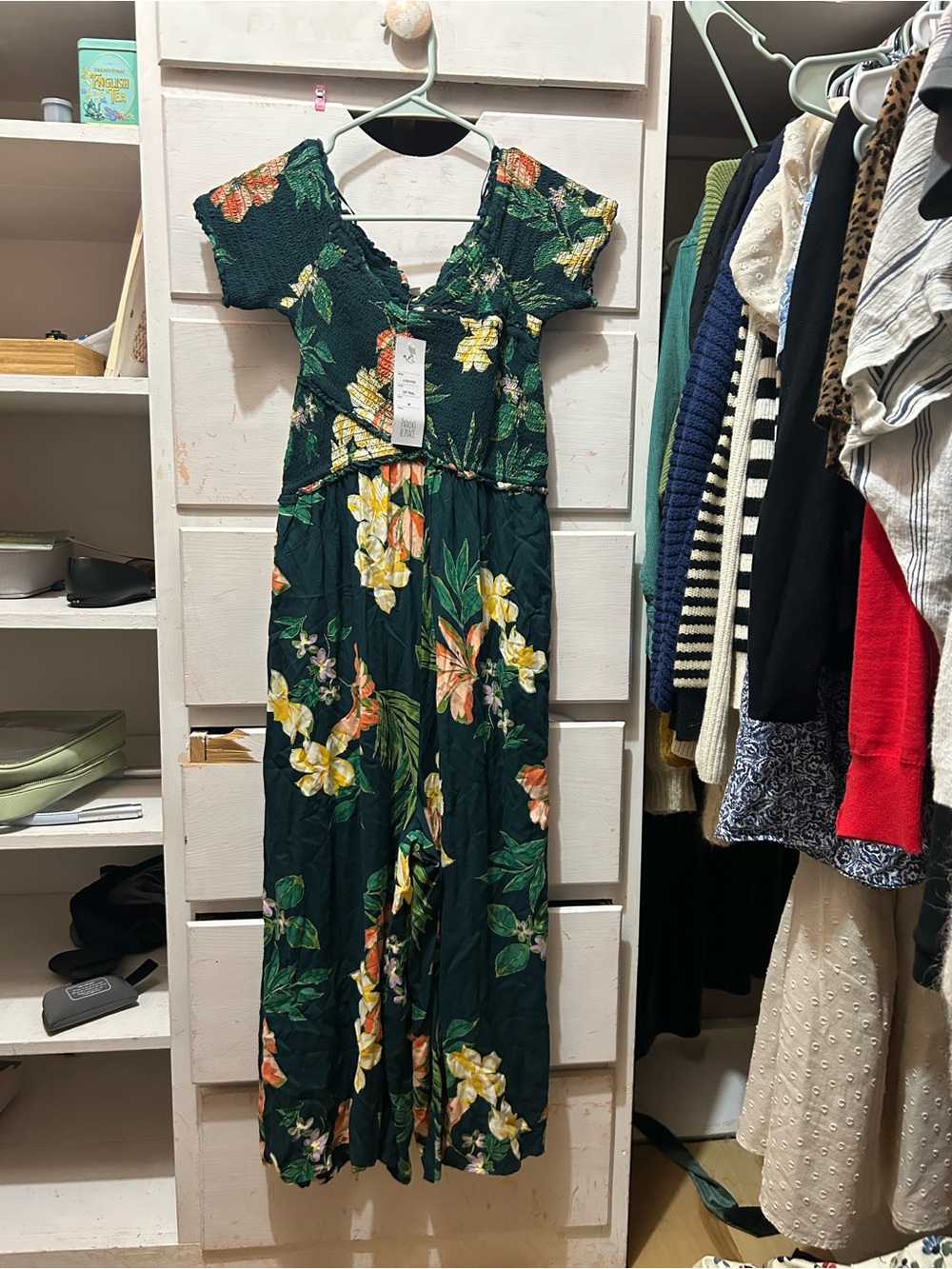 Patrons of Peace Dark Green Floral Jumpsuit with Smocked Bodice